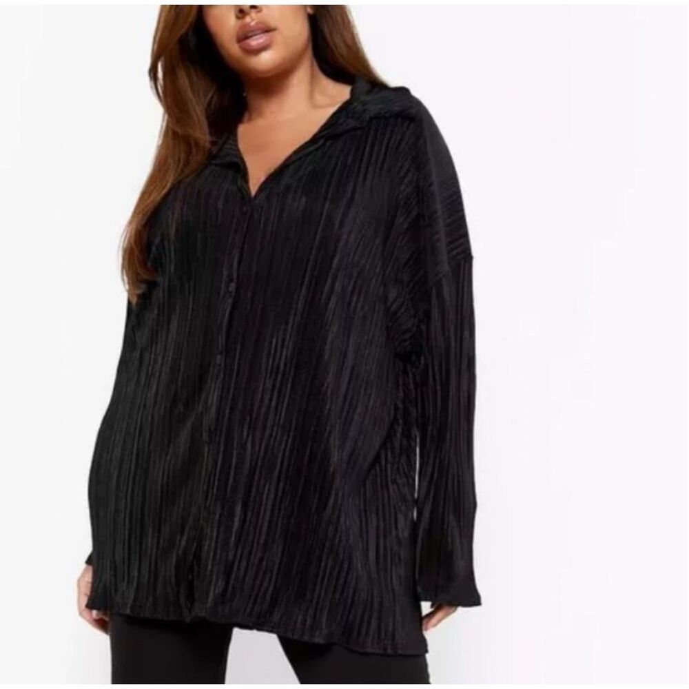 Boohoo black pleated oversized button down top‎ 4